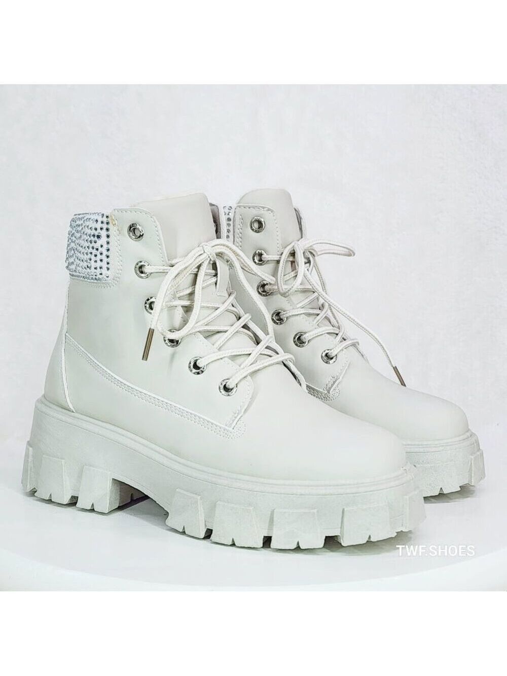 Teck Off White Combat Ankle Work Boots With Rhinestone Cuffs New